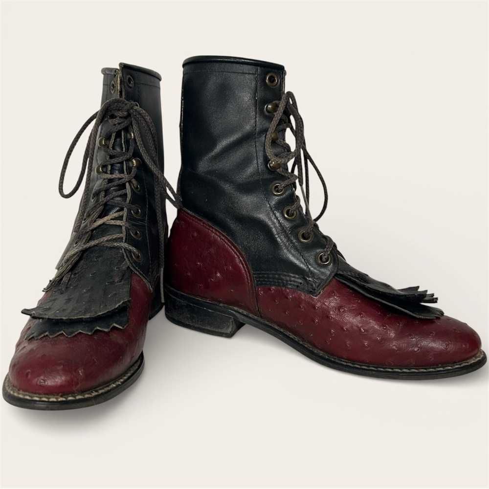 Vintage 1940s–60s Unisex Two-Tone Leather Boots w/ Removable Fringe Size 7.5